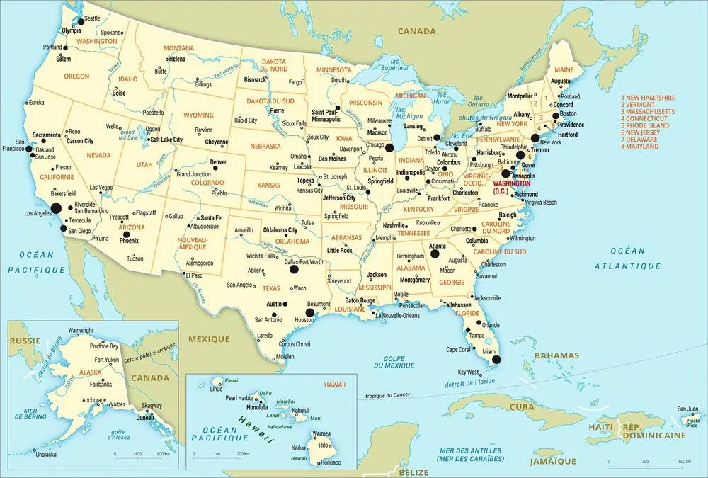 carte des états et des plus-grandes villes des états unis