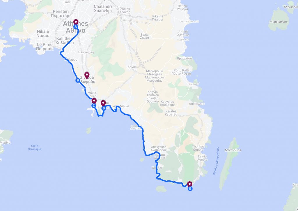 itinéraire de la route côtière d'attide en grèce