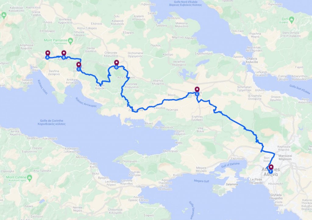 itinéraire de la route de delphes à athene en grèce