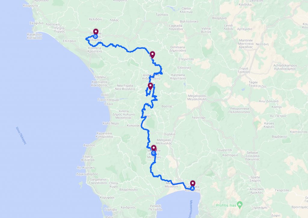 itinéraire de la route de kalamata à olympie en grèce