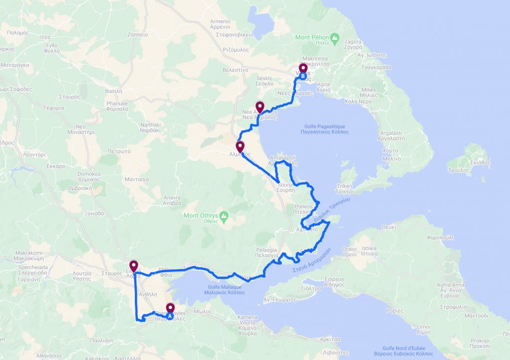 itinéraire de la route de thermopyles à volos en grèce