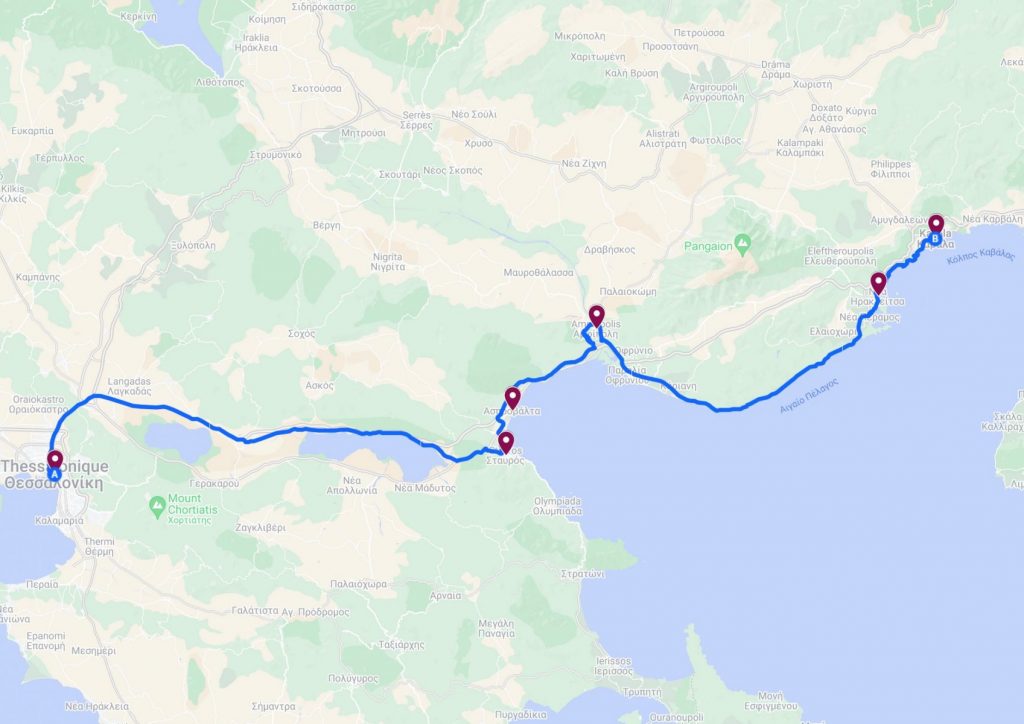 itinéraire de la route de thessalonique à kavala en grèce