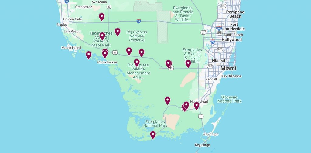 Carte des points d'intérêts des Everglades en Floride